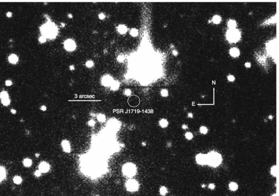 Fig. 3: Keck/LRIS 20 minute R-band image centred on the location of PSR J1719−1438. The image was constructed from 5 exposures taken during the expected maximum luminosity of the companion in a total integration time of 1200s.