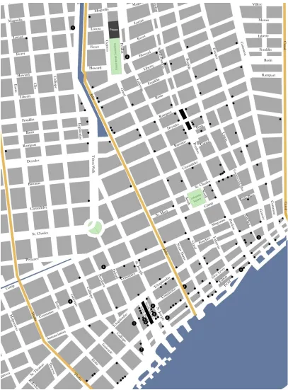 Figure 1. This map of New Orleans’s Second and Third Wards shows the location of unlicensed coffeehouses according to an 1855 census