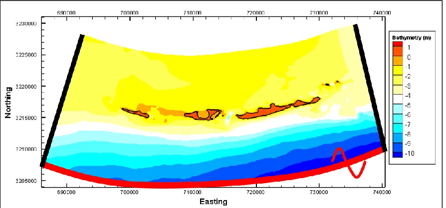 Figure 5:  Model Boundary Conditions- Open (red) and Closed (black) Boundaries for Offshore and Lateral Tides, Waves, and Subtidal Water Level Variations [f(x,t)]