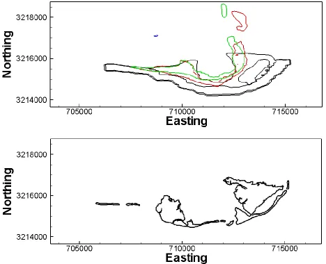 Figure 11: Modified image to compare the barrier outline of the Central Island . Top figure represents simulation initial barrier shoreline footprint along with W25 (Red) and W26 (Green) migration trajectories