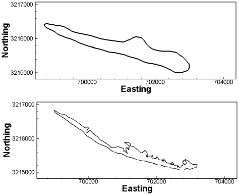 Figure 12: Modified image to compare the barrier outline of the West Island.Top figure represents simulation Initial Barrier Shoreline Footprint