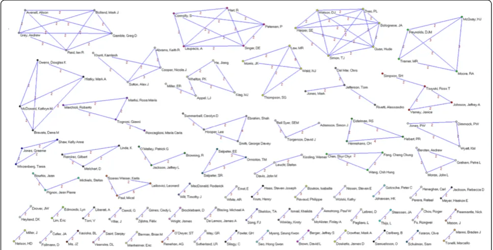 Figure 7 Co-authorship networks. Main clusters of authors (≤ 6 members), applying a threshold of two or more papers signed in co-authorship.