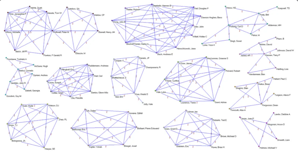Figure 5 Co-authorship networks. Main clusters of authors (≤ 14 members), applying a threshold of two or more papers signed in co-authorship.