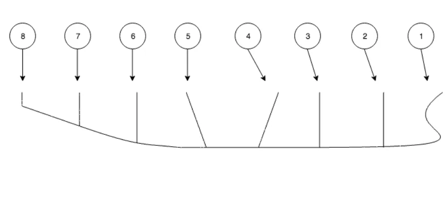 Figure 3.8: Simple transverse curves network. This view shows the longitudinal positioning of these curves.Bow curve at far right