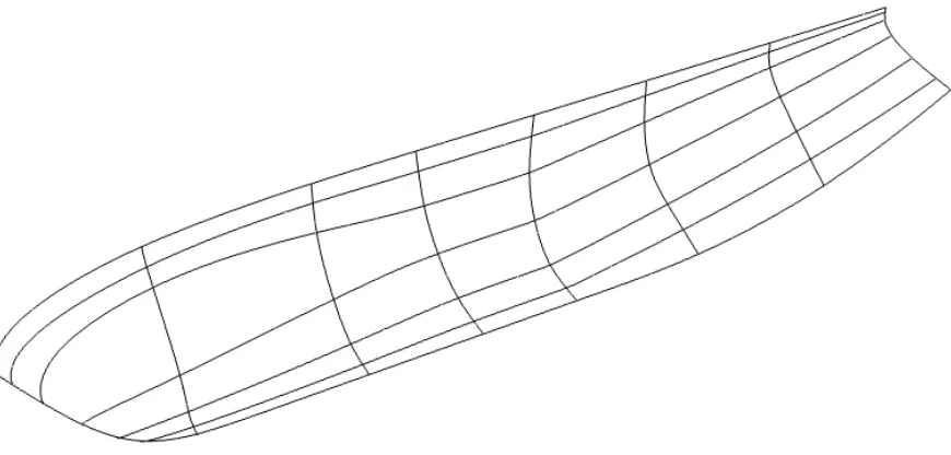 Figure 3.11: Simple (bare hull) Longitudinal Curves. Note that the form parameter designed bulbous bow hasnot been added at this stage, but the center-plane keel proﬁle curve has been swept forward in anticipation ofthe new bulb