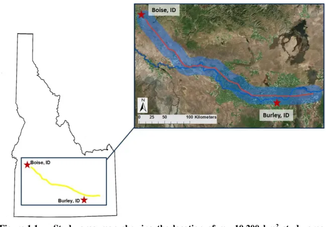 Figure 1.1.  Study  area  map  showing  the  location  of  my  10,200  km 2   study  area  (blue) and Interstate 84 (red), where I surveyed for Barn Owls during the early- and  post-breeding seasons of 2014