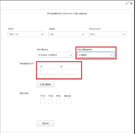 Figure 4-7: Reserve Calculation dialog.  The selected distribution was changed to 'weilm,' so now its two parameters, 'a' and 'b,' are available for input 