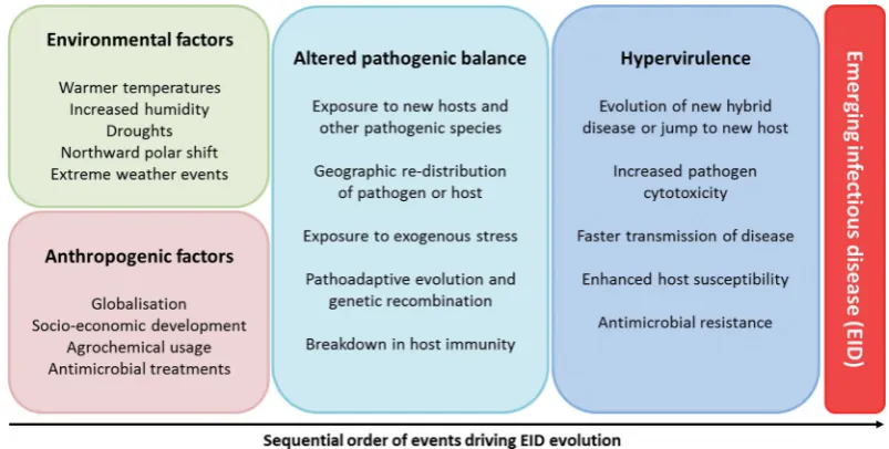 Figure 8. Anthropogenic and environmental factors driving the evolution of emerging infectious diseases