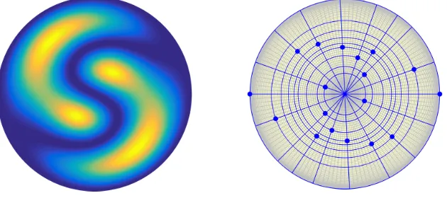 Figure 3.7: Left: The function g(θ, ρ) = − cos((sin(πρ) cos(θ) + sin(2πρ) sin(θ))/4)on the unit disk