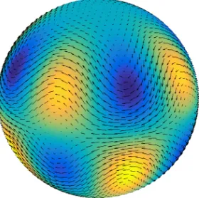 Figure 4.1: Arrows indicate the tangent vector ﬁeld generated from u = ∇S ×ψ, where ψ(λ, θ) = cos θ + (sin θ)4 cos θ cos(4λ), which is the stream function forthe Rossby–Haurwitz benchmark problem for the shallow water wave equations [79].After constructing