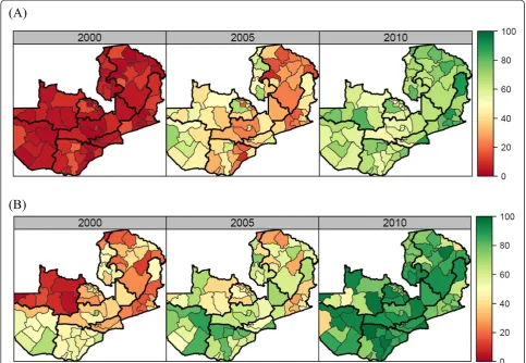 Figure 2 Coverage of insecticide-treated net ownership (A) and exclusive breastfeeding (B) by district in 2000, 2005, and 2010.