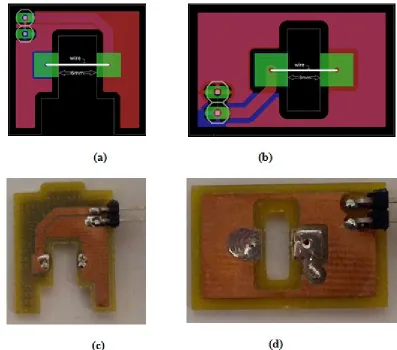 Figure 16:  (a) Probe Layout for the OPC Flow Channel, (b) Probe Layout for the Test Channel, (c) Actual OPC Probe, (d) Actual Test Probe 