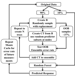 Figure 4.3: Flow chart of the random forest process. Deﬁnitions: CT - classiﬁcationtree; OOB - out-of-bag; B - bootstrap sample
