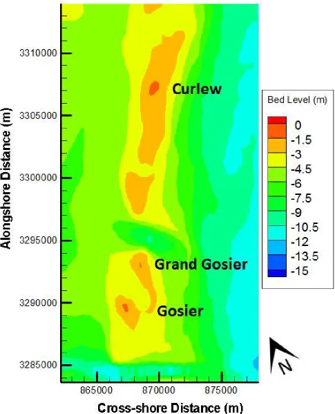 Figure 10: Initial bed level in the vicinity of the southern shoals. 