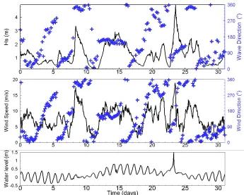 Figure 11: Unaltered wave (top), wind (middle), and water level (bottom) data for Delft3d modeling of  the period of 12/17/10 to 1/17/11