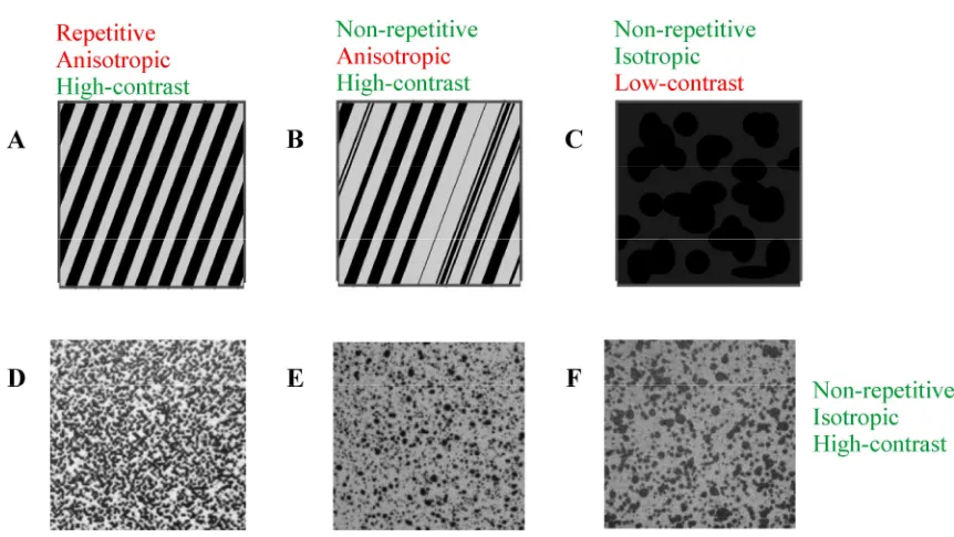 Figure 2.10 Speckled surface patterns. (A, B, and C) Examples of inappropriate and (D, E, and F) proper speckled patterns for the DIC technique [82]