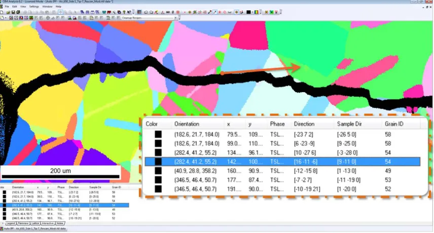 Figure 11. Screenshot of the EDAX/TSL OIM™ Analysis 6.2.  The image includes an inverse pole figure map of a dataset post-cleanup