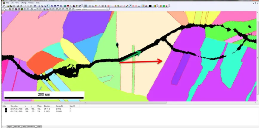 Figure 12. Screenshot of the EDAX/TSL OIM™ Analysis 6.2.  The image includes an inverse pole figure map of a dataset post-cleanup