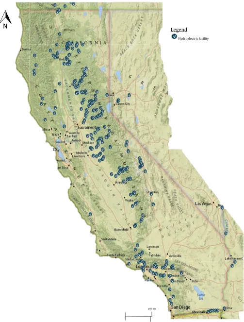 Figure 1: (Data source: U.S. Energy Information Administration, 2015) Map of all hydroelectric facilities in California
