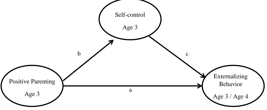 Figure 1. Direct and indirect effects of positive parenting behavior on externalizing behavior problems through self-control at age 3