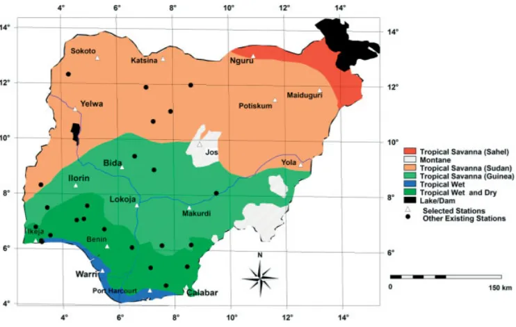 Figure 5. Distribution of meteorological stations in Nigeria. Stations that are selected for this study are labelled.
