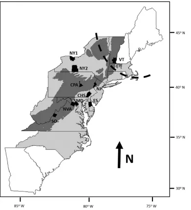 Figure 1: Map of 10 counties (black) where 342 red foxes were sampled during 2011–2013 in relation to the Appalachian Mountain Range