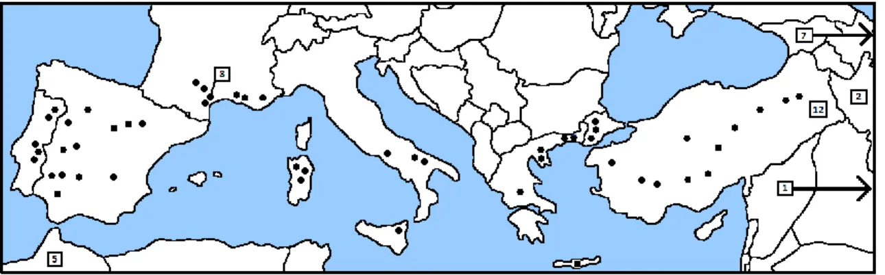 Figure 1.1  Map of  80 Taeniatherum caput-medusae native populations analyzed  in genetic portion of this study 