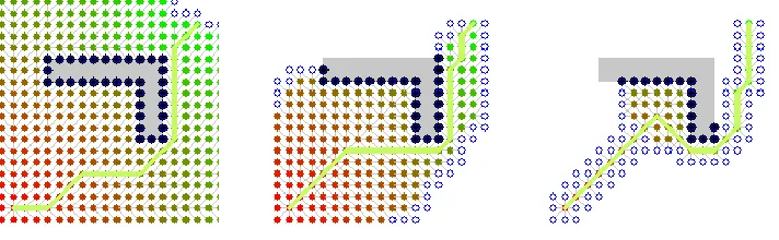 Figure 1.1: Paths generated by Dijkstra’s algorithm (left), A* search (middle), and Aϵ* search (right).