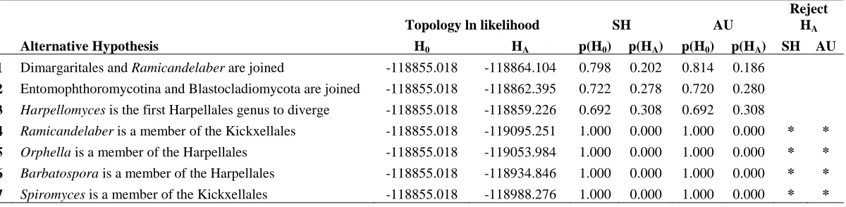 Table 2.4 SH and AU test results for alternative hypotheses involving tree method conflicts and putatively unique 