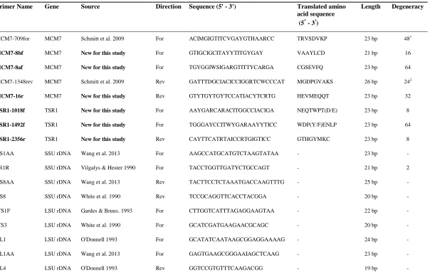 Table 1.2 Primers used to amplify nuclear (SSU and LSU) rDNA or protein-coding genes (MCM7; TSR1), among the Kickxellomycotina and some other early-diverging fungi