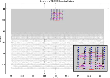 Figure 2-10: Locations of recording stations in each domain. Elevation and velocity were recorded at 15 minute intervals throughout the simulations at these locations (global elevation and velocity were recorded hourly)