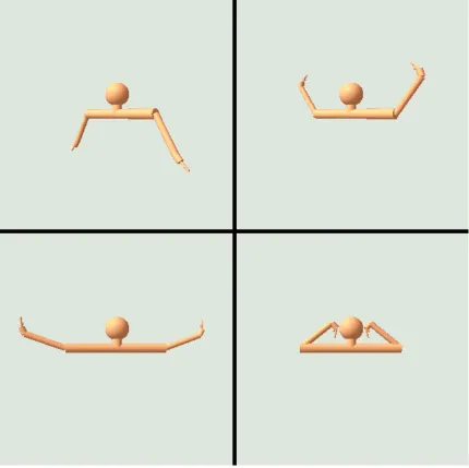 Figure 4.15 Four frames from the ScenegraphTest example to illustrate the simple arm model in action