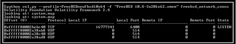 Figure 7: freebsd_network_conns plugin output from a FreeBSD 10.1 memory image 
