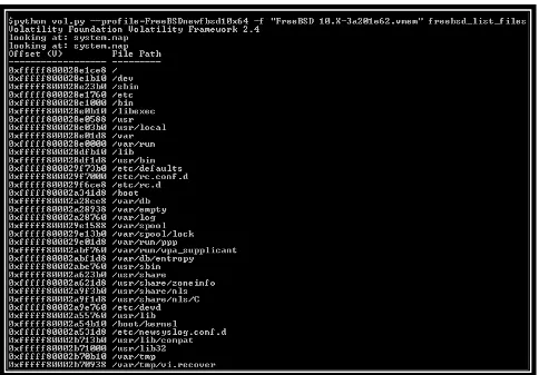 Figure 8: freebsd_list_files plugin output from a FreeBSD 10.1 memory image 