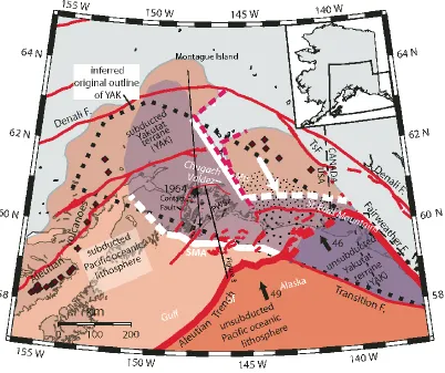 Figure 1: Southern Alaska tectonic map (modified from Fuis et al., 2008) illustrating structural interaction of northward subducting plates (Yakutat terrane and Pacific plates) and North American plate