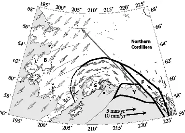 Figure 2: Map of southern Alaska showing southern Alaska block (S), Yakutat block (Y), Fairweather block (F), Bering block (B), and Pacific plate (P)