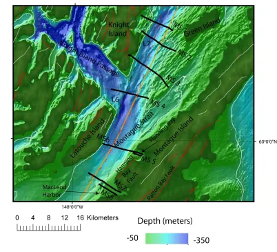 Figure 13: Bathymetric map of Montague Strait with the location of  eight new reflection seismic profiles (black) (MS1 through MS8)(Red lines are mapped faults, orange line is TACT profile, dashed red line is interpreted fault, grey lines are regional line