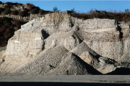 Figure 3.1: Quarry representative of BHRS geology showing: Sand Lenses, Poorlysorted massive units, moderately sorted horizontally bedded units, and trough cross-bedded units