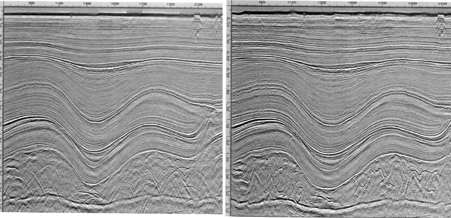 Figure 1 unmigrated section (left), and migrated section (right), from Yilmaz 2001, figure 8.2-28 