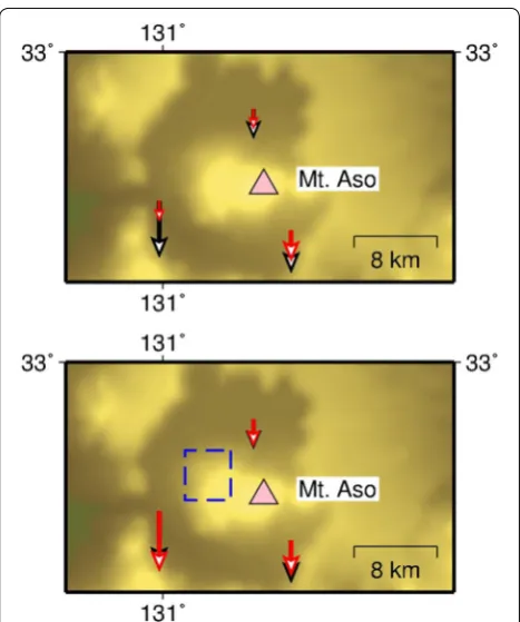 Fig. 7 Comparison between the inversion results of the vertical velocities between the base model (the upper figure) and “Aso” model (the lower figure)