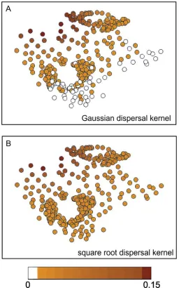 Fig. 3. Maps showing the probability of being infected for each host, acrosswith epidemiological parameters square root dispersal kernel
