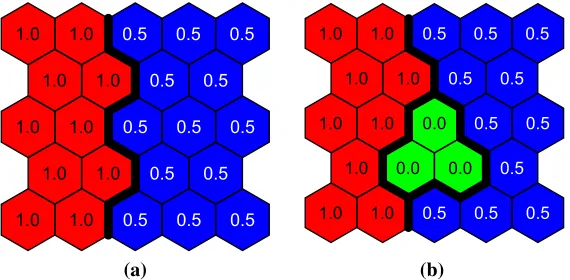 Figure 3.3: During simulated recrystallization, a random tile and two neighboring tiles are cho-