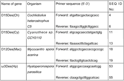 Table 1: Primer sequences for cloning the desaturases which have been identified.