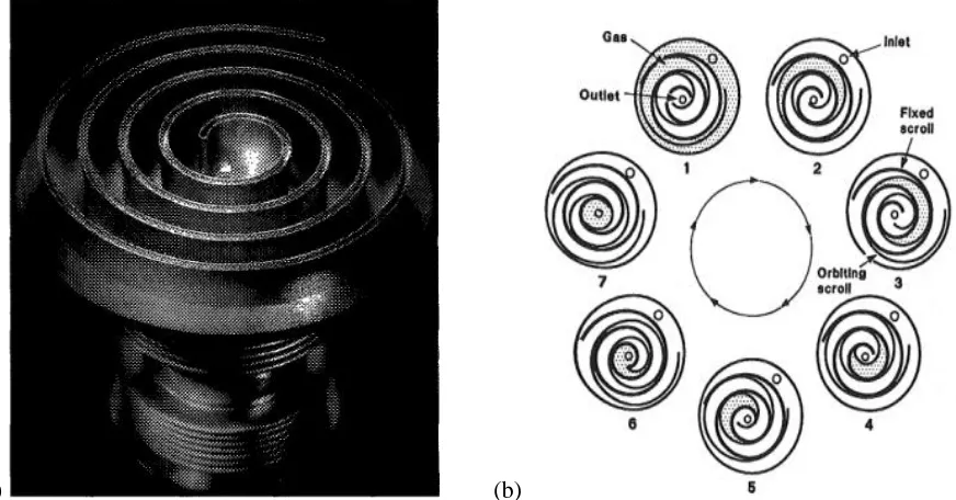 Figure 2.5. (a) Picture of the spiraled plate of a scroll pump,11 and (b) its general schematic.13 