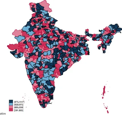 Figure 1- Map of Sex Ratios in India. Red indicates lower sex ratios, while blue indicates higher sex 