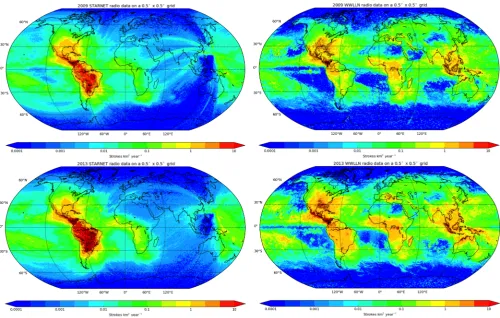 Figure 1. Left: mean annual ﬂash density from optical LIS/OTD data averaged on a 0◦.5 × 0◦.5 geographical grid across Earth’s surface (for description ofthe data see section on ‘High resolution ﬂash climatology’ in Cecil et al