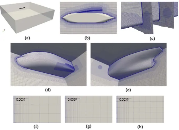 Figure 6. (a) Computational domain and hull; (b)-(d) Coarse mesh with refinement re-Domain; (b) View from below the hull; (c) Refinement near FSV separation (medium gions; (e)-(f) Mesh representing the hull boundary layer and the hexahedral isotropic mesh 