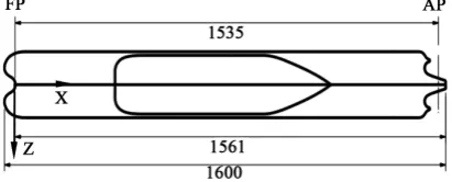 Figure 2. Side view of KVLCC2 as double body model with forward perpendicular (FP), after perpendicular (AP), L,oaLpp and distance between transom stern and FP (in [mm])