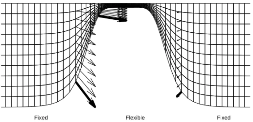 Figure 2: The boundary of the fluid domain consists of fixed and flexible parts. The velocity at the boundary of the flexible part determines the internal grid point velocity